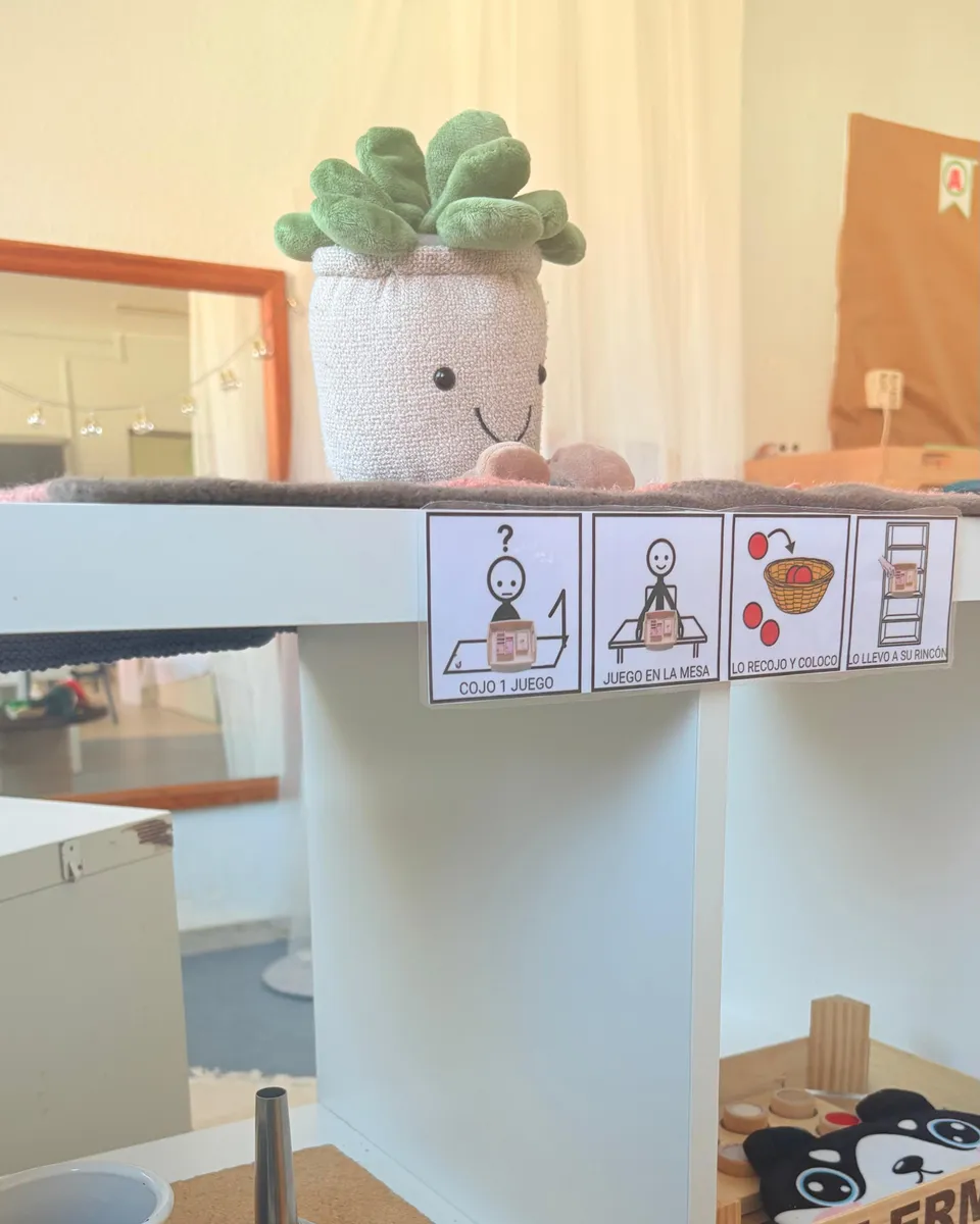 Estantería de un ambiente del aula de Sandra, con materiales y pictogramas