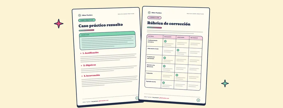 Dos páginas del Pack de casos prácticos: un caso práctico resuelto y la rúbrica de corrección