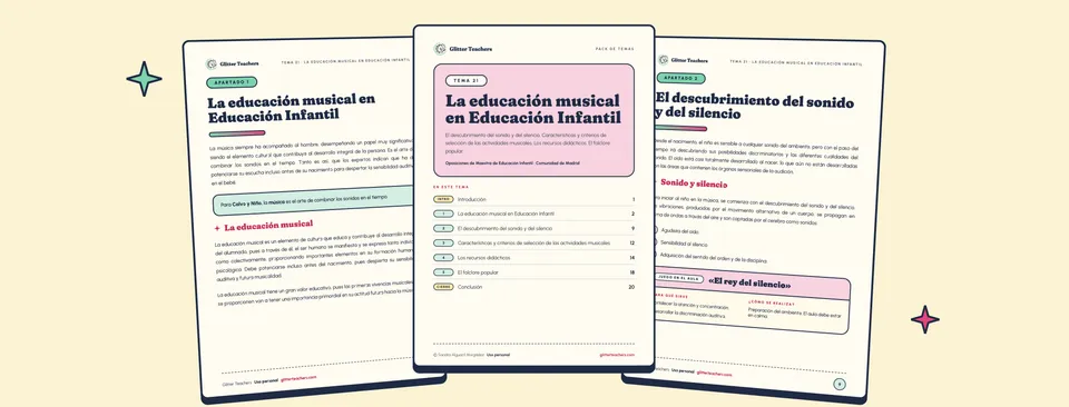 Tres páginas del Pack de temas: portada del tema con su índice y dos apartados desarrollados
