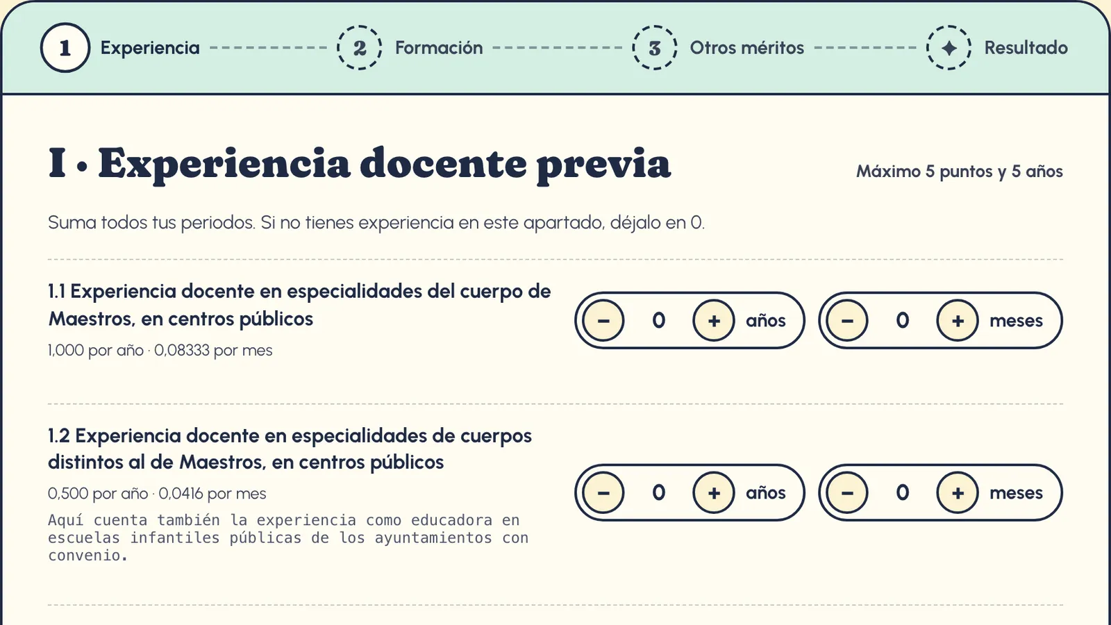 Primer paso de la calculadora de baremo: experiencia docente previa