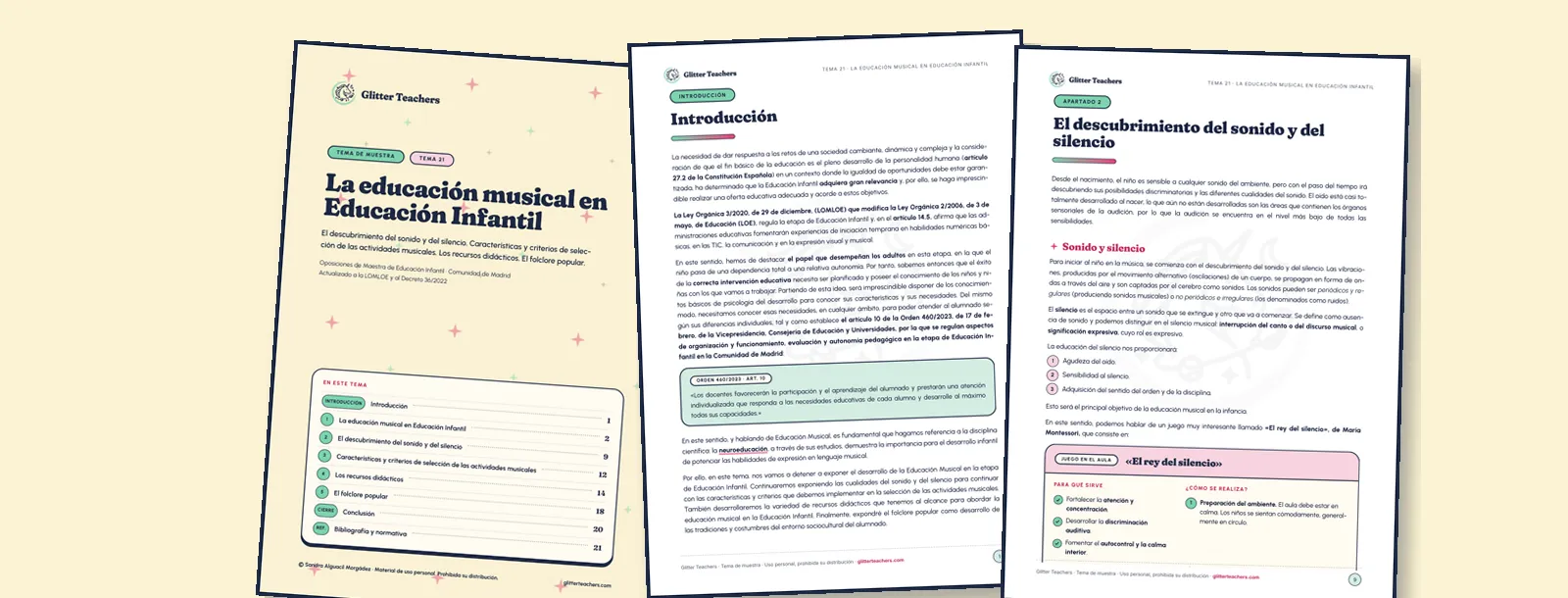 Tres páginas del tema de muestra: portada con el índice, introducción y un apartado con un juego en el aula